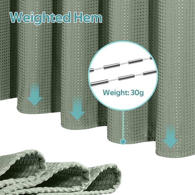 3 in 1 Shower Curtain Set, Waffle Shower Curtain and Liner Set with 12 Double Sided Shower Curtain Hooks, 258GSM Luxury Weighted Cloth Shower Curtains for Bathroom, 72 W x 72 H, Sage Green