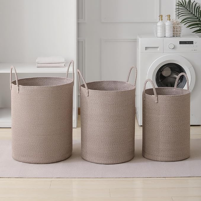 Laundry Basket Hamper Tall Rope Storage Woven for Blanket toys Dirty Clothes in Living Room Bathroom Bedroom (Tan, 80L/21.3Gal)