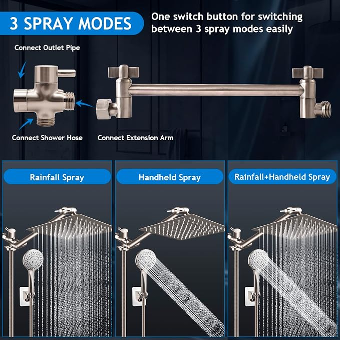 Shower Head Combo,12" Brushed Nickel High Pressure with 11" Extension Arm | Rain Shower Head with 5 Settings Handheld Shower Head Combo,Powerful Shower Spray Against Low Pressure Water