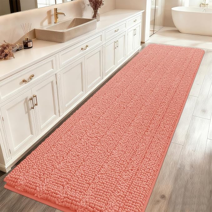 Striped Coral Bathroom Rug Mat 48"x17" Ultra Soft, Non Slip Chenille Bath Rugs, Absorbent Plush Shaggy Bath Mats for Bathroom, Bedroom, Kitchen, Shower, Tub