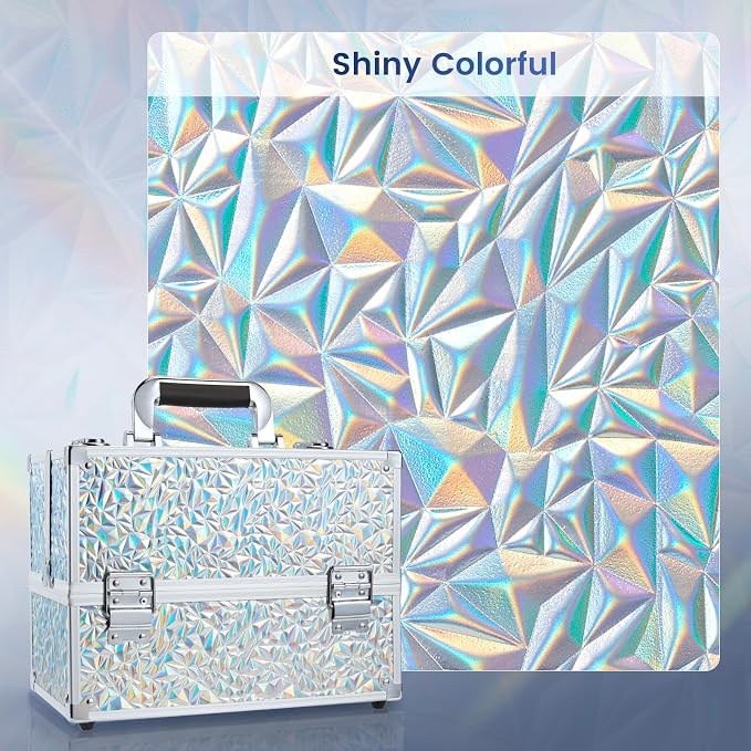 Makeup Case Cosmetic Train Case Organizer 11.8 Inch Large Makeup Box Travel Storage Make Up Train Carrying Case with 6 Trays Locking Hard Vanity Storage Glitter Silver