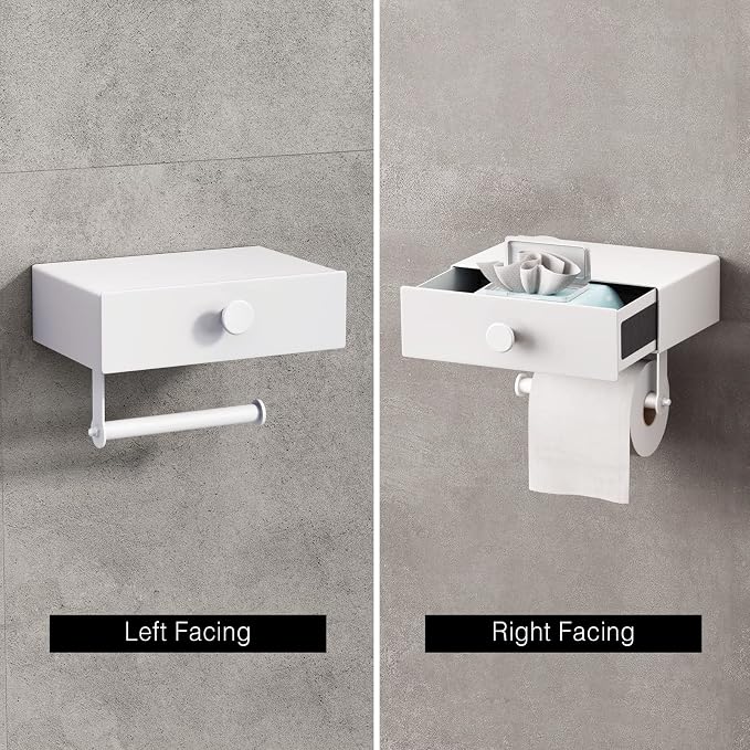 VOLDRA Toilet Paper Holder with Shelf White Wipes Dispenser for Bathroom Toilet Paper Holder with Storage Upgrade Drawer Design Toilet Tissue Holder Adhesive Small Bathroom Shelf Wall Mount