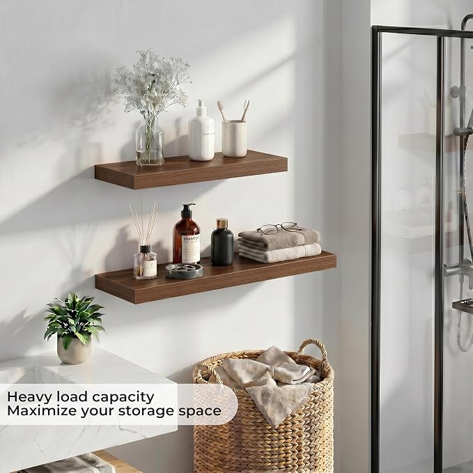 Fun Memories 16 Inch Floating Shelves - Deep Rustic Wooden Wall Shelves - Extra Deeper & Thicker Wall Mounted Storage Shelf for Bedroom, Kitchen, Farmhouse - 2 Pack, Walnut