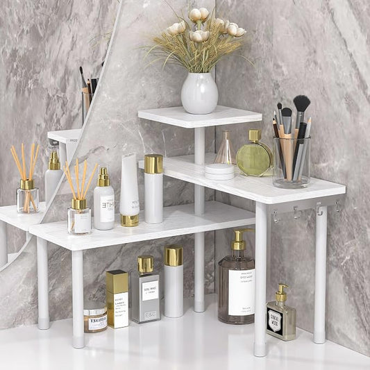 JayRex 3-Tier Bathroom Countertop Corner Shelf Organizer, White | Space-saving corner design organizes spices, skincare and toiletries on kitchen and bathroom counters.