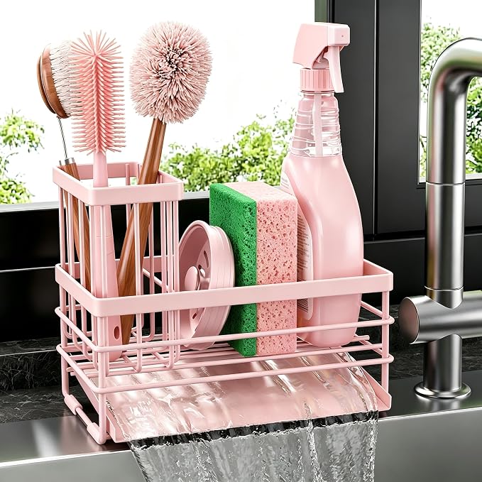 Cisily Pink Sink Caddy Sponge Holder for Kitchen with Brush Holder and Stainless Steel Self Drain Tray, Rustproof Kitchen Sink Organizer for Sponge, Soap Dispenser Storage Accessories