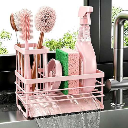 Cisily Pink Sink Caddy Sponge Holder for Kitchen with Brush Holder and Stainless Steel Self Drain Tray, Rustproof Kitchen Sink Organizer for Sponge, Soap Dispenser Storage Accessories