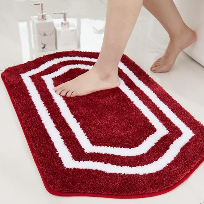 COSY HOMEER Non-Slip Bath Mat Extra Thick Absorbent Plush Washable | 20"x32" White/Red Non-Slip Extra Thick Plush Absorbent Machine Washable Bath Mat Bathroom Rug Floor Tub Shower