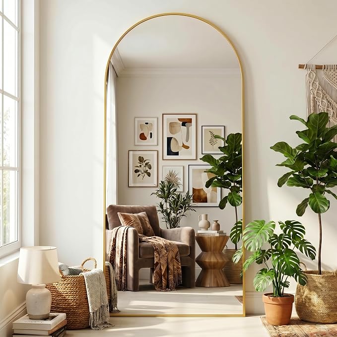 Full Length Mirror, 76" x 34" Arched Full Body Mirror Large Standing Floor Mirrors, Mirrors for Bedroom, Bathroom, Living Room Standing or Wall Leaning, Gold
