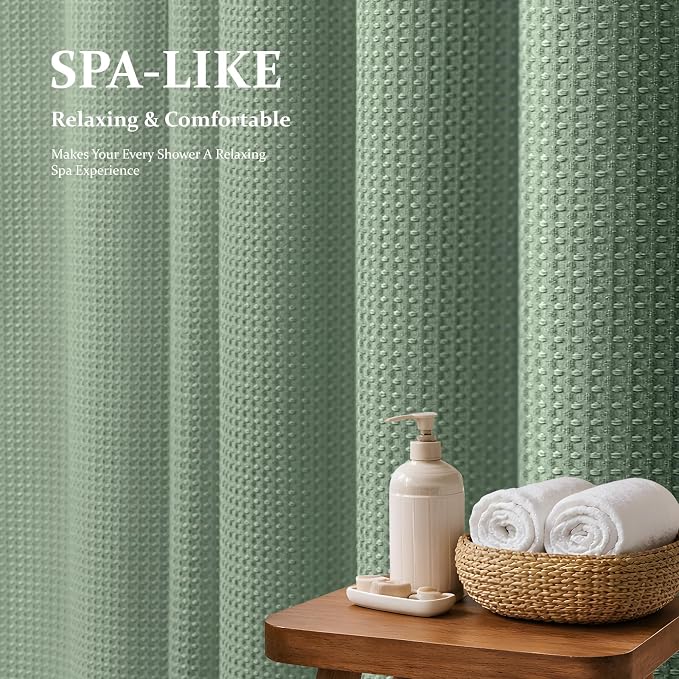 Stall Waffle Shower Curtain 256 GSM Heavy Fabric 36x72 Sage Green | Narrow Half Size, Thick Polyester Cloth, Weighted Hem, Water Repellent, Washable, Hotel Bathroom Shower Curtain Set 6 Hooks