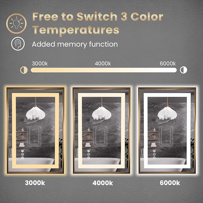 60"X36" LED Bathroom Mirror with Front Lit and Backlit(Brushed Gold) | Metal Framed Mirror, Stepless Dimmable, Anti-Fog, HD Reflection, Shatter-Proof, Memory, 3 Colors, Double LED Vanity Mirror.