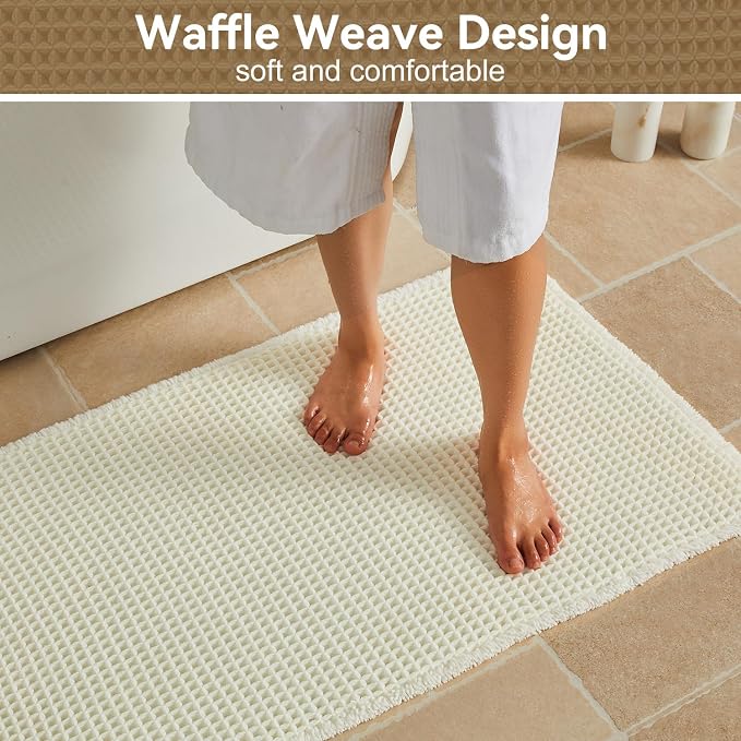 Triohero Waffle Bath Mat, Boho Bathroom Rugs Non Slip Washable, Ultra Soft Super Absorbent Quick Dry Farmhouse Bathroom Decor, 24" x 36", Cream White