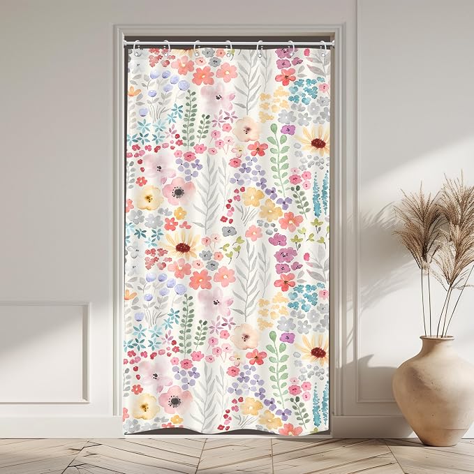 Small Stall RV Colorful Floral Wildflower Art Bathroom Shower Curtain Set | 36"W x 72"H Watercolor Leaves; waterproof HD print, quick-dry fabric with 12 hooks for easy hanging.