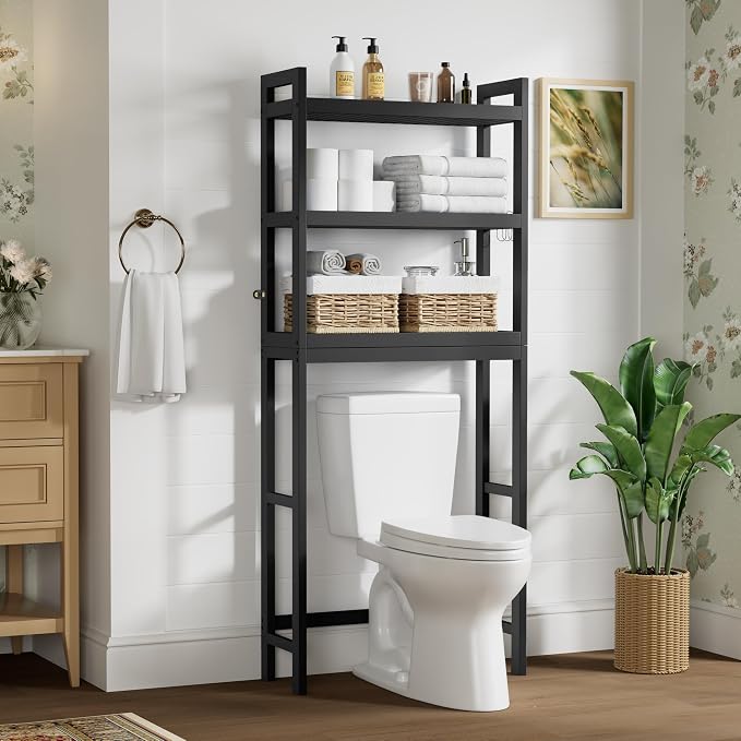 Smiry Bamboo Over The Toilet Storage Cabinet, 3 Tier, Black | Wooden Bathroom Organizers with Adjustable Shelf & 4 Hooks, Space Saving Shelf Rack for Bathrooms, Laundry Room, Balcony