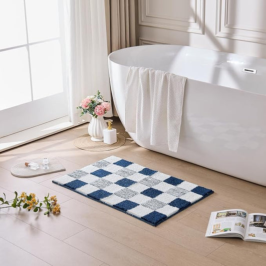 CozeCube Navy Blue Checkered Bath Mat 36"x24" Non Slip Washable Rug | For Bathroom Non Slip, Fluffy Absorbent Microfiber Bath Mats Machine Wash, Stylish Large Aesthetic Bathroom Rugs