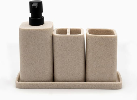 Bathroom Accessory Sets, 4 Pieces Bathroom Accessories Complete Set Vanity Countertop Accessory Set Marble Look, Includes Lotion Dispenser Soap Pump, Tumbler, Toothbrush Holder and Tray (Beige)