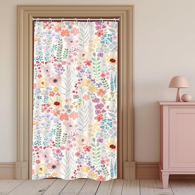 Small Stall RV Colorful Floral Wildflower Art Bathroom Shower Curtain Set | 36"W x 72"H Watercolor Leaves; waterproof HD print, quick-dry fabric with 12 hooks for easy hanging.