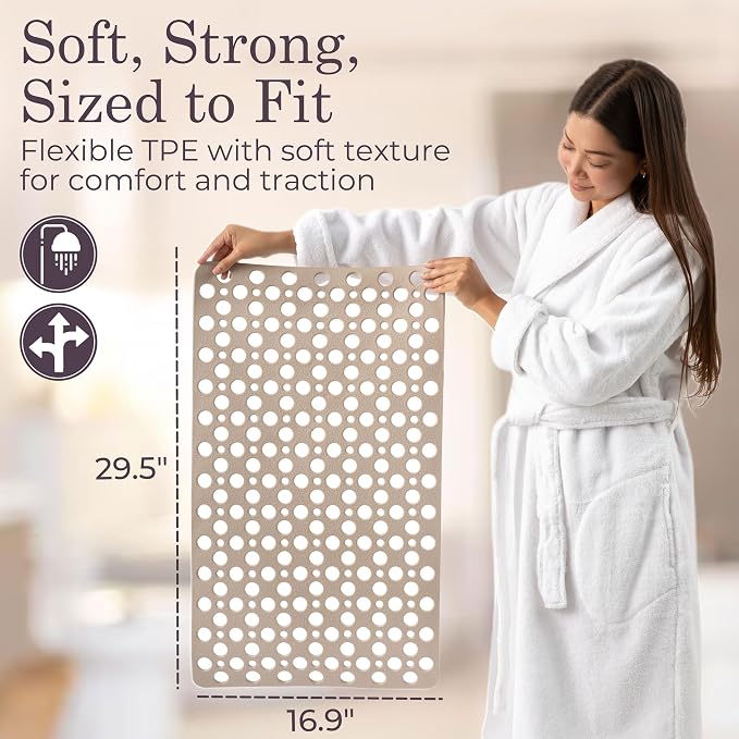Non Slip Shower Mat for Bathtub, Beige TPE Bath Mat with Strong Suction Cups, Quick-Dry Drain Holes, Soft Textured Surface, Spa-Inspired, 30x17 Inch