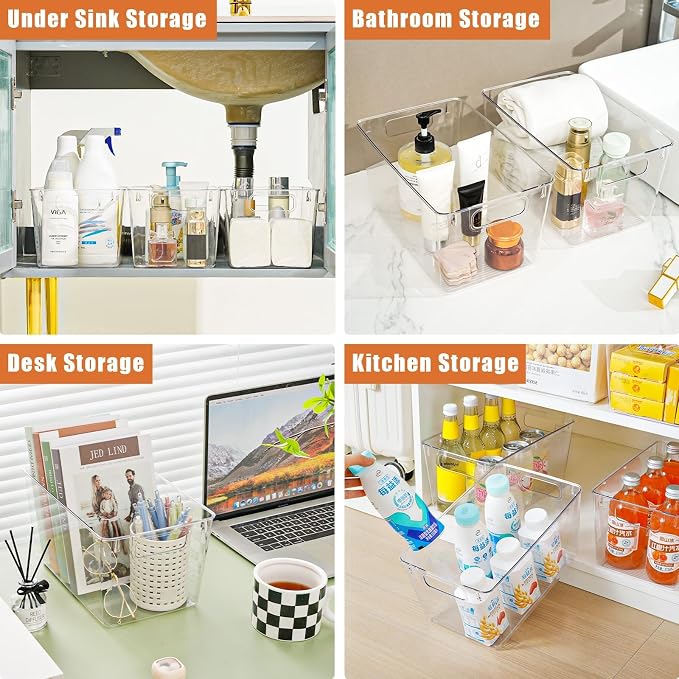 Freebat 12 Pack Pantry Organization and Storage,Clear Plastic Storage Bins | Large, Cabinet Organizer, Clear Plastic Storage Containers with Handle,Acrylic Storage Bins for Cabinet, Fridge