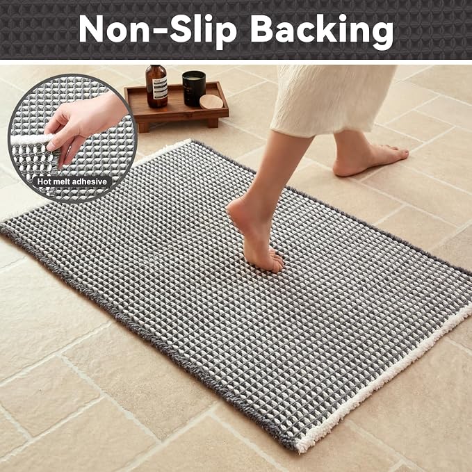 Triohero Waffle Bath Mat, Boho Bathroom Rugs Non Slip Washable, Ultra Soft Super Absorbent Quick Dry Farmhouse Bathroom Decor, 20" x 30", Grey & White