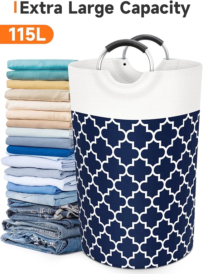 Large Laundry Basket Laundry Hamper Bag Washing Bin Clothes Bag Collapsible Tall with Handles Waterproof Travel Bathroom College Essentials Storage for College Dorm, Family (Blue) 115L | Freestanding Laundry Hamper, Waterproof Dirty Clothes Storage Bag...
