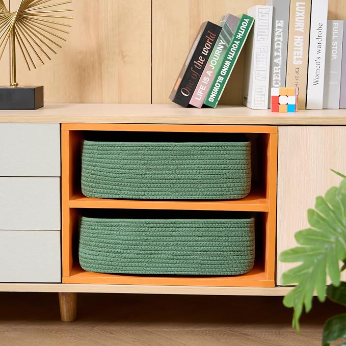 MiniArk Large Shallow Organizing Baskets 15x11x5.1 Inches - Rope Woven Storage Bins for Bathroom, Shelves, Cube Closet, Green 4 Packs