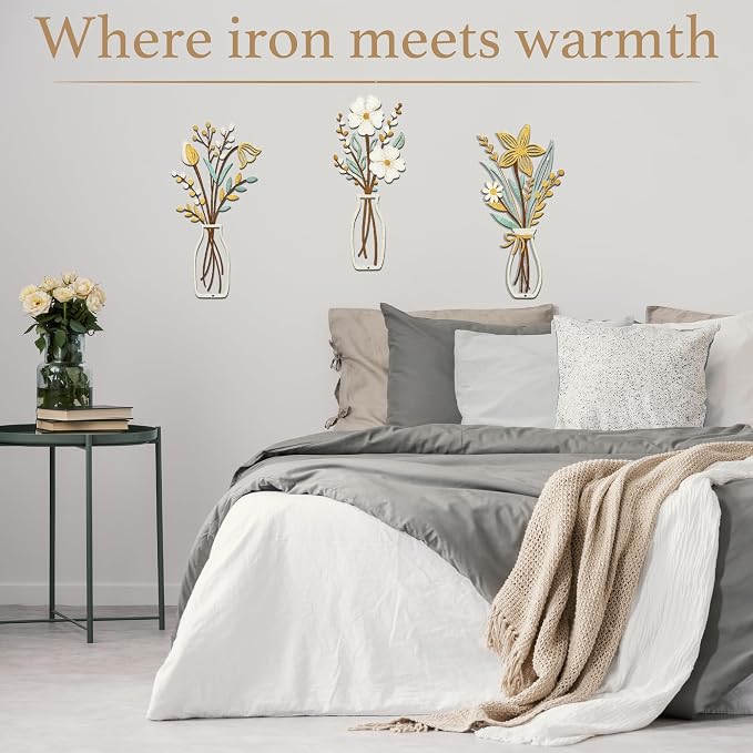 3 Piece Metal Flower Wall Art for Bedroom Living Room Rustic Farmhouse Floral Wall Decor for Bathroom Dining Room Boho Home Decorations Modern Minimalism Walls Hanging Sculptures(Gold Yellow White)