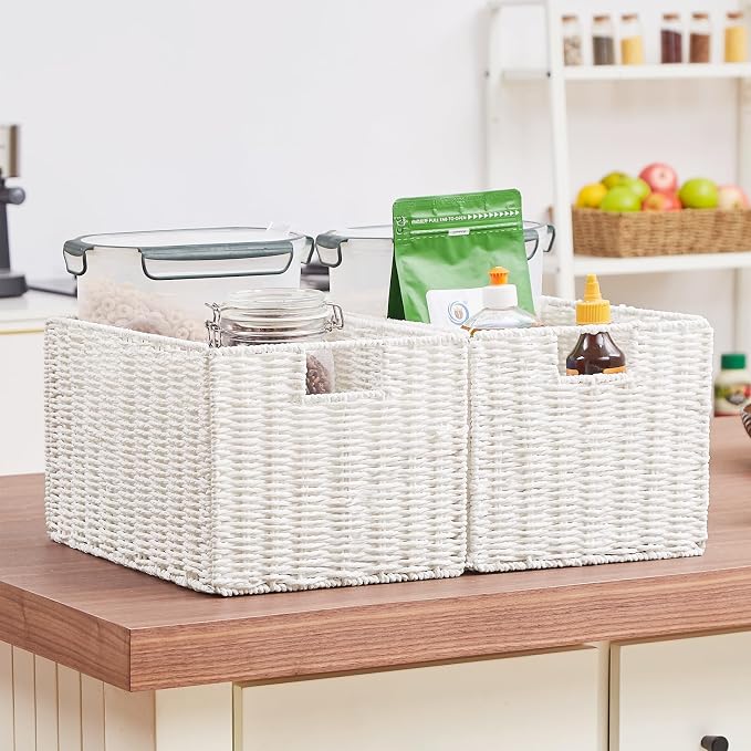Wicker Storage Basket, Set of 2 Hand-Woven Paper Rope Wicker Basket, Large Storage Baskets for Organizing, Foldable Large Cube Storage Organizer Bins for Shelves (White)
