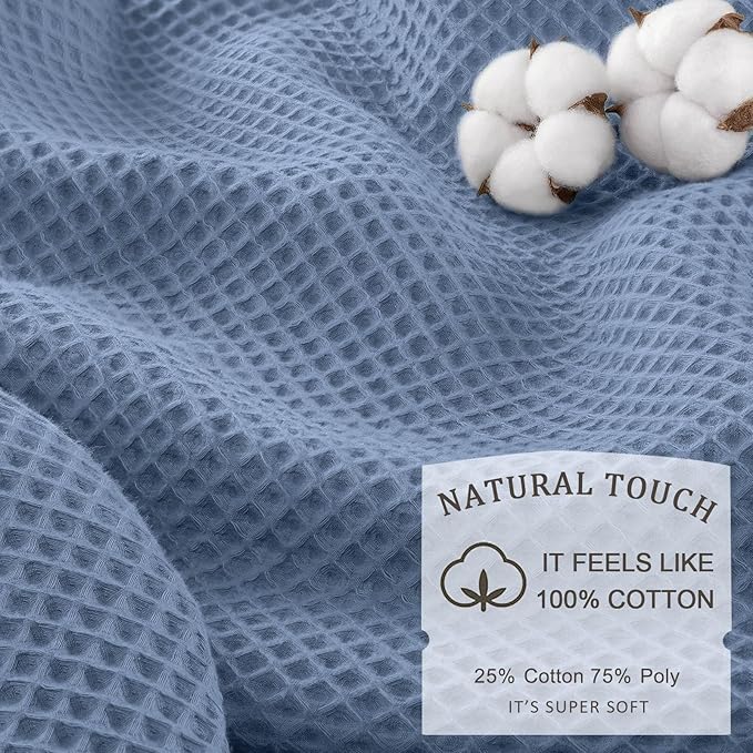 Long Waffle Shower Curtain Heavyweight Cotton Fabric Moonlight Blue 72Wx84L | Soft Cotton Cloth,3D Square Truely Waffle,Washable, Hotel Luxury Spa, Shower Curtains for Narrow Bathroom 12 Plastic Hooks