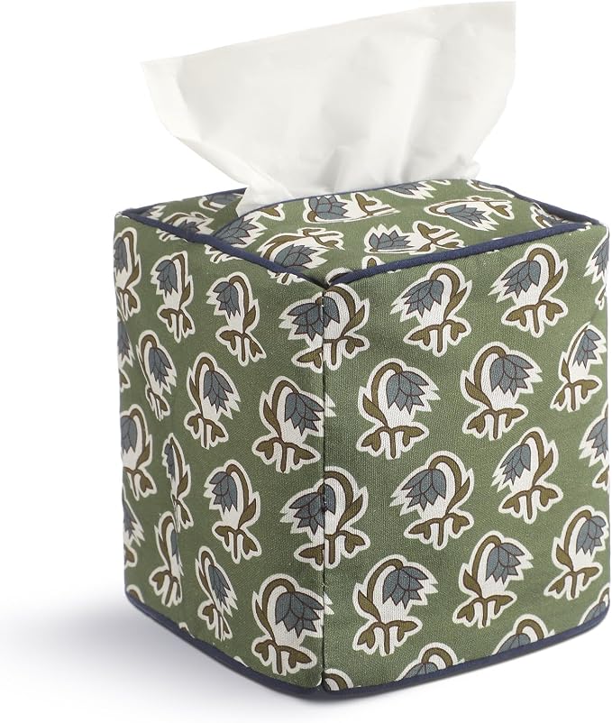 Green Fabric Tissue Box Cover - Floral Print Tissue Box & Decorative Square Napkin Holder Handmade Cotton for Home Bedroom Vanity Countertop Night Stands Office