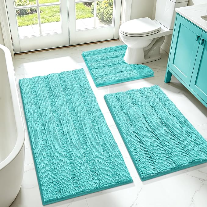 Striped Teal Green Bathroom Rug Set 3 Pieces Ultra Soft, Non Slip Chenille Toilet Mat, Absorbent Plush Shaggy Bath Mats for Bathroom, Bedroom, Kitchen, Turquoise