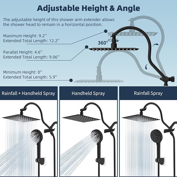 Hibbent All Metal CUPC Certified Shower Head, 8'' High Pressure Rainfall Shower Head, Handheld Showerhead Combo, 12'' Adjustable Extension Arm, 10 Sprays, 71'' Hose, Shower Holder, Matte Black