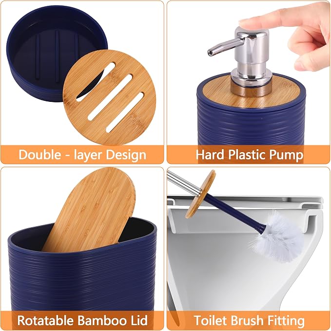 10 PCS Navyblue Bathroom Accessories Set with Trash Can Bathroom Accessory | All-in-One Kit with Trash Can,Toothbrush Holder,Soap Dispenser,Toothbrush Cup,Vanity Tray,Soap Dish,Toilet Brush etc for Home