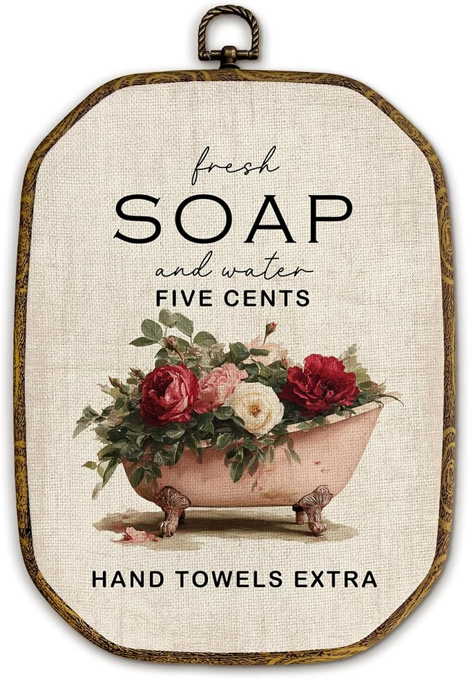 Yjeslw Vintage Rose Floral Bathroom Octagon Wall Art Decor, Rustic Farmhouse Framed Canvas Prints, Cottagecore Neutral Flower Bathtub Wall Hanging Decorations for Bathroom Washroom Decor, 10.2x7 In
