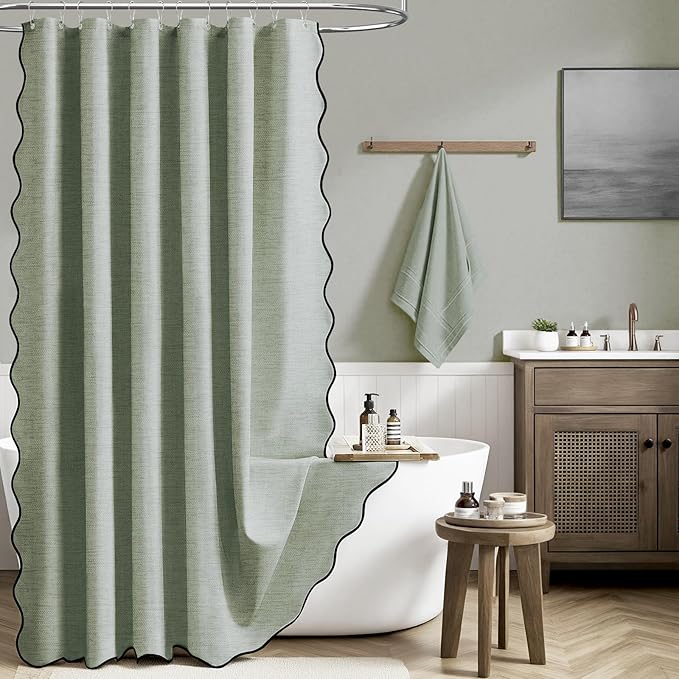 Sage Green Boho Scalloped Linen Textured Cloth Shower Curtain, 72x72 | 230GSM Waterproof Polyester, Heavy Duty Fabric, 12 Plastic Hooks, Modern Farmhouse Style, Machine Washable, Bathroom Decor