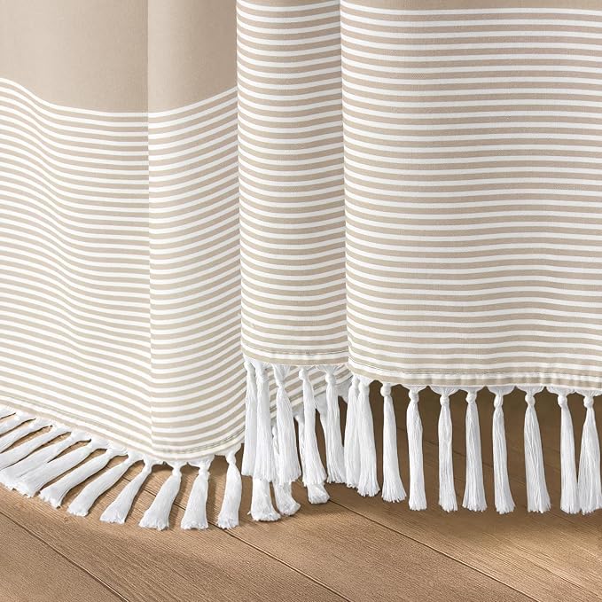 Beige Boho Cotton Striped Shower Curtain with Tassel 60" W X 72" L | Boho Farmhouse Shower Curtains for Bathroom with Soft Cotton Feel