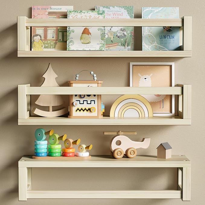 3Pack Solid Wood Floating Shelves for Wall, Nursery Bookshelf NaturalPoplar | Durable Solid Wood Construction, Deep Shelf Space for Books, Toys, Plants, Photos and Kitchen Storage