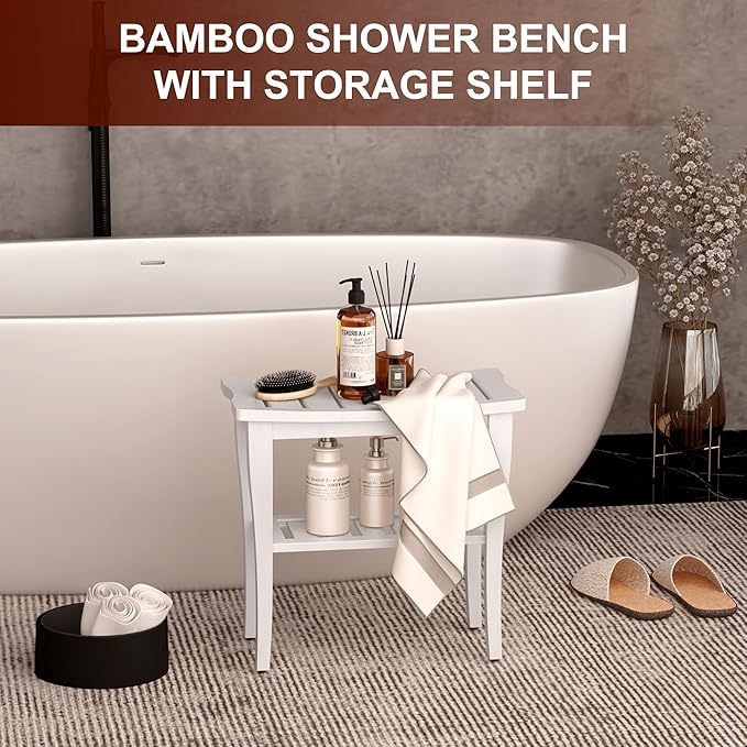 Bamboo Shower Bench Stool with Storage Shelf, Waterproof Shower Chair Spa Bath Seat, Shower Stool for Inside, Bathroom Bench Seat for Adults Elderly Seniors for Indoor or Outdoor Use(White)