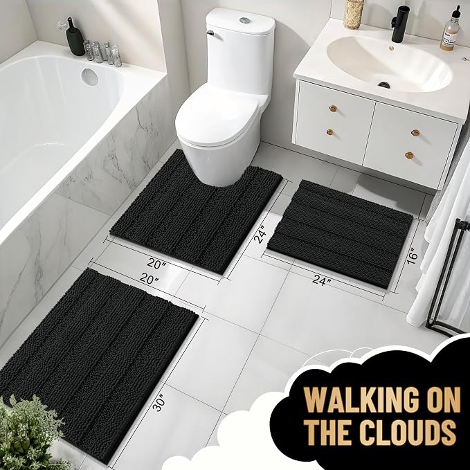 OLANLY Thick Toilet Rugs U-Shaped 24x20, Soft Chenille Bath Mat, Black | Extra Absorbent Striped Contour Bathroom Rugs for Toilet, Dry Quickly, Machine Washable, Non-Slip