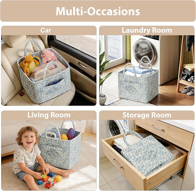 Storage Basket Boho Fabric Large Collapsible Floral Laundry Nursery Hamper Portable Folding Storage for Clothes Toys (Blue Floral B)