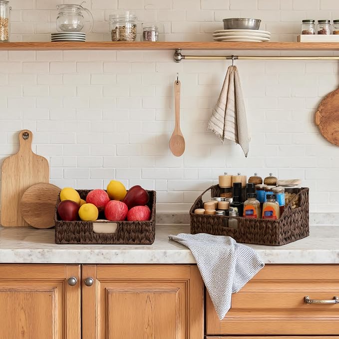 GRANNY SAYS Wicker Storage Baskets, Trapezoid Woven Baskets for Storage | Wicker Storage Baskets for Pantry, Open Front Basket for Shelves, Kitchen Storage Baskets, Decorative Basket for Home Decor