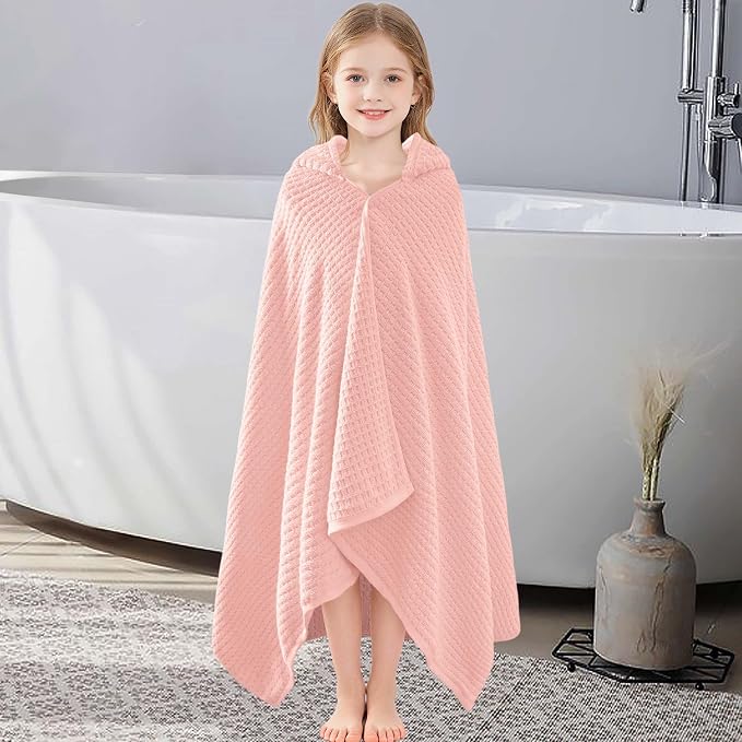 VOOVA & MOVAS Kids Hooded Towel, 6-10 Years, 100% Cotton,Pink Waffle | Gentle Waffle Texture, Heavy Cotton Fabric, Ideal for Kids Bath and Seaside Vacation