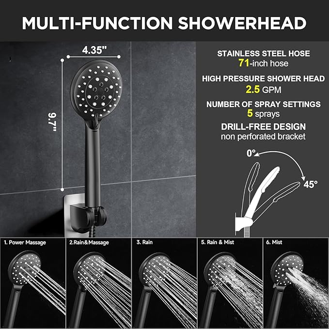 Veken 11.8" High Pressure Shower Head with Handheld, Metal Core Fittings | Handheld Shower Heads with Multi Spray Modes, Rainfall Combo, Detachable Dual Shower, Bathroom Decor, Leak-Proof, Matte Black