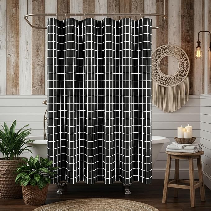 Biscaynebay Fabric Black Shower Curtain for Bathroom-Modern Farmhouse Faux Linen Textured Grid Plaid Shower Curtains, Minimalist Simple Geometric Neutral Decor Machine Washable-70x72 Inches
