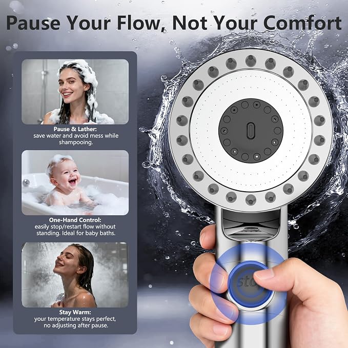 Filtered Shower Head with Handheld, High Pressure Water Flow and Multiple Spray Modes Shower Head with Filter, Power Wash for Hard Water, Showerhead with ON/OFF Switch for Pets Bath (Chrome) | ON/OFF Switch,4 Spray,Built-in Power Wash,Detachable Shower...