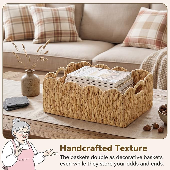 GRANNY SAYS Wicker Basket for Organizing, Shelf Baskets with Scalloped Edge | Scalloped Water Hyacinth Basket, Storage Wicker Basket for Pantry, Water Hyacinth Baskets with Scalloped Edge, Woven Baskets