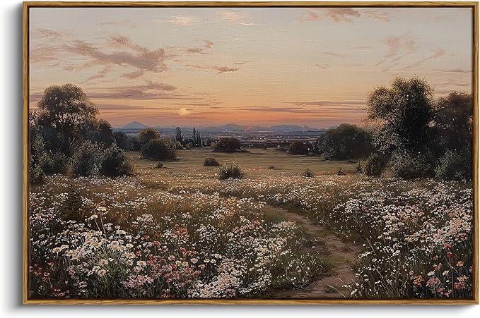 InSimSea Framed Canvas Prints Vintage Decor, Sunset Flower Field Landscape Paintings Wall Art, Large Countryside Farmhouse Hanging Wall Decor for Living Room Bedroom, 24x36inch