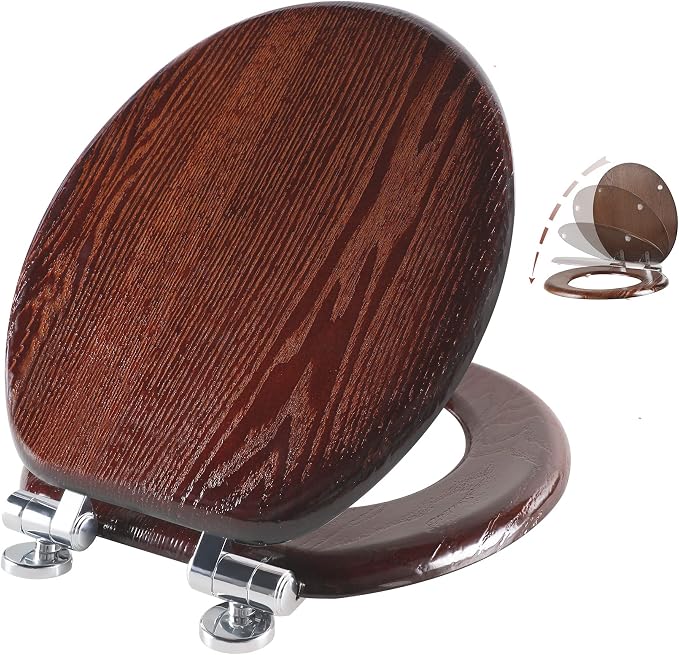 Angel Shield Toilet Seat Round Wood Slow Close(Dark Walnut) | Quick Release Metal Hinges, Adjustable Fit for Standard Round Toilets, Easy to Install&Clean