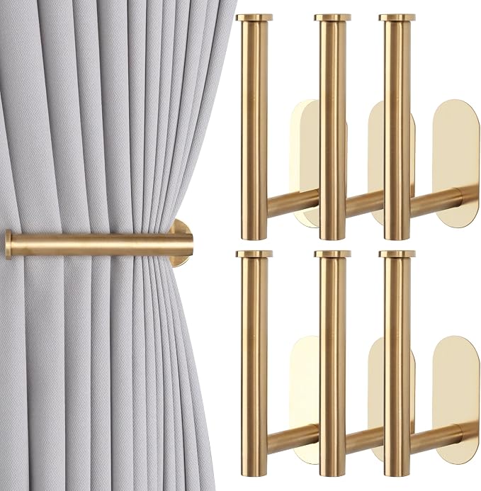 Groleca Adhesive Curtain Holdbacks No Drill Curtain Tiebacks, 6 Pack, Gold | No Drill Curtain Tie Backs Hooks for Drapes, Metal Curtain Holders, Damage-Free Wall Mounted, Strong Adhesive,Stainless Steel