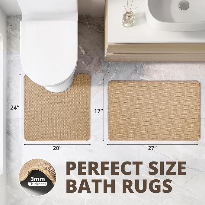 Bathroom Rugs Sets 2 Piece, Thin Bath Mat & U-Shaped Contour Toilet Rug Absorbent Quick Dry, Machine Washable, Non Slip Low Pile Bath Mats for Bathroom/Tub/Sink/Shower (27"x17" Plus 24"x20" U, Khaki)