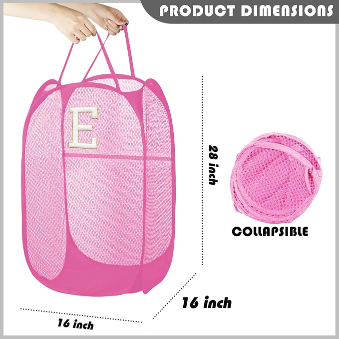 Collapsible Pop Up Laundry Hamper, Extra Large with Removable Initial Letter E, Mesh Foldable Laundry Basket, 28" x 16" x 16" (Pink)